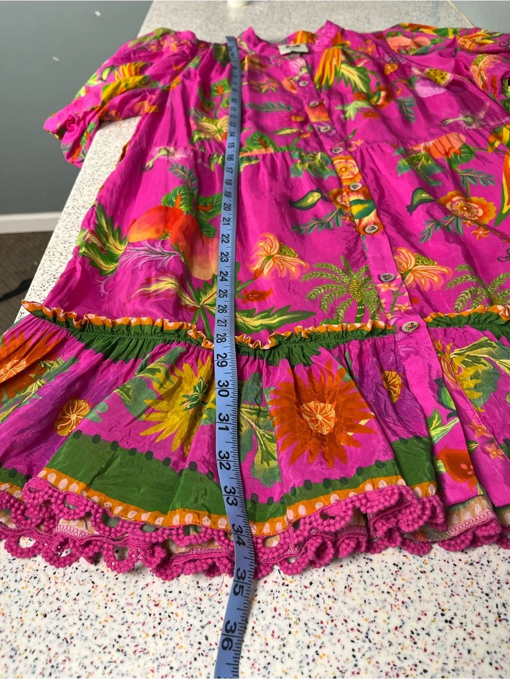 FARM Rio Delicate Fruit Garden Mini Dress Pink Floral Puff Sleeve Women’s Size S - Picture 6 of 7